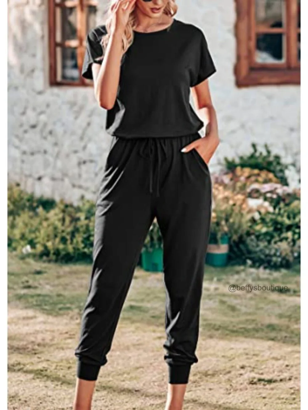 Short Sleeve Casual Jumpsuit with Pockets & Button Closure